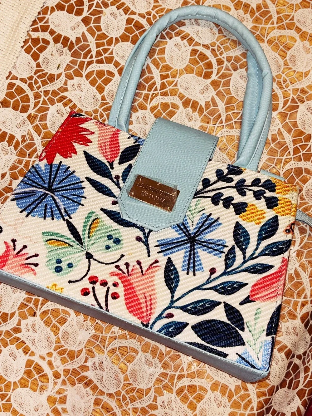 Light Blue Floral Top-Handle Bag by Unknown Brand